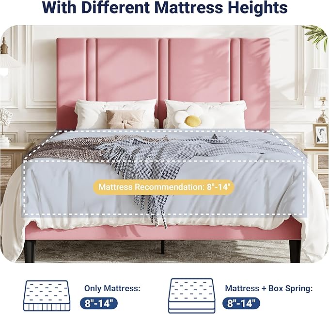Allewie Full Size Platform Bed Frame with Adjustable Headboard, Plush Velvet Upholstered, Vertical Channel Tufted, Sturdy Wooden Slats, No Box Spring Needed, Easy Assembly, Pink