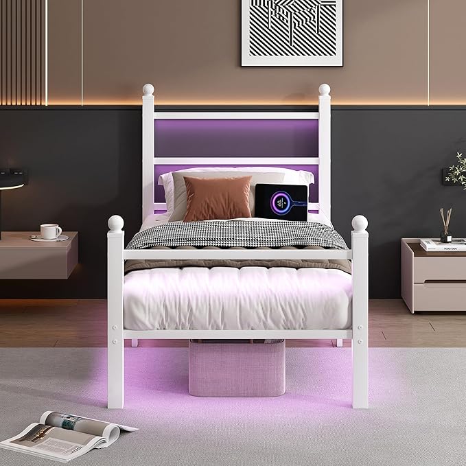 CLIBFENG Twin Bed Frame with Headboard and Footboard,Steel Slats Support-LED Bed Frame with USB Charging Station,Mattress Foundation-Under Bed Storage,No Box Spring Needed,Noise Free,White