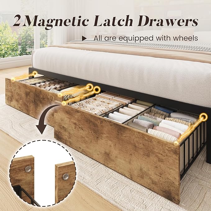 Lifezone Queen Bed Frame with Headboard, Queen Bed Frame with High Storage Bookcase Headboard, 2 Storage Drawers & Charging Station, No Box Spring Needed/Noise Free/All-Metal Support, Vintage Brown
