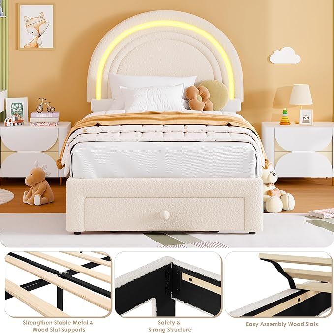GarveeHome Twin Upholstered LED Bed Frame - with Storage Drawer and Rainbow Headboard, Berber Fleece Princess Platform Bed for Kids, Solid Wood Slat Support, No Box Spring Needed, Easy Assembly, Beige