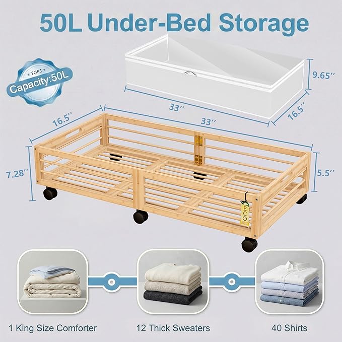Bamboo Underbed Storage Containers with Wheels & Bag 2 Pack, Large Under Bed Rolling Storage Bins Wood Under Bed Clothes Storage Stackable Drawers for Bedroom Closet Under Crib Toy(Natural)