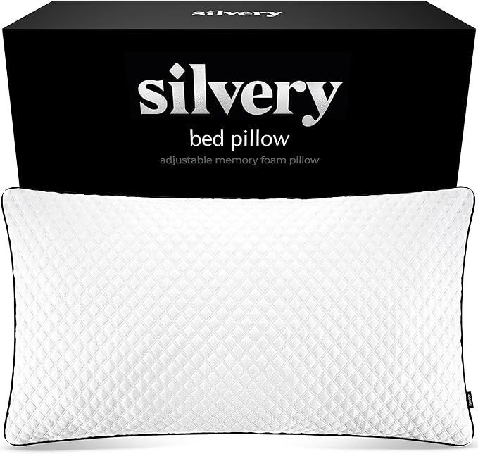Silvery Silver Infused Bed Pillow - Shredded Memory Foam Fill with Adjustable Loft - Hypoallergenic Self-Cleaning Technology that Stays Fresh 3X Longer - Perfect for Side, Back & Stomach Sleepers