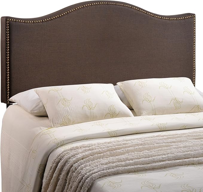 Modway Curl Upholstered Linen Fabric Queen Headboard Size With Nailhead Trim and Curved Shape in Dark Brown Fabric