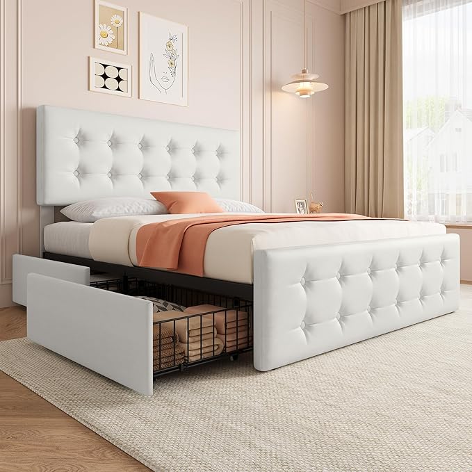 IDEALHOUSE Full Size Bed Frame with 4 Storage Drawers and Headboard, Faux Leather Upholstered Platform Bed Frame with Wooden Slats Support, Button Tufted Design, No Box Spring Needed, Beige