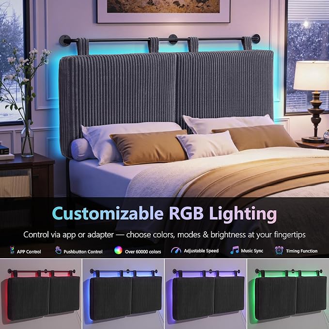 Headboard Queen Size，Modern Wall Mounted Headboards with LED Light for Bed with Upholstery Hanging Headboard for Bedroom,Featuring High-Density Sponge Padding，Grey