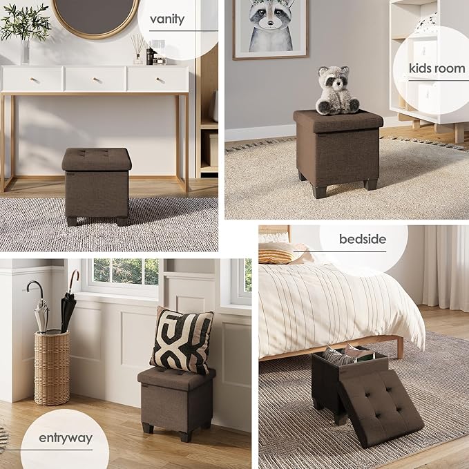 Storage Ottoman Cube with Small Bin, 15-in Square Ottoman with Storage for Living Room and Bedroom, Small Ottomans Foot Rest, Fabric Foot Stools Ottomans Max 330lbs, Brown