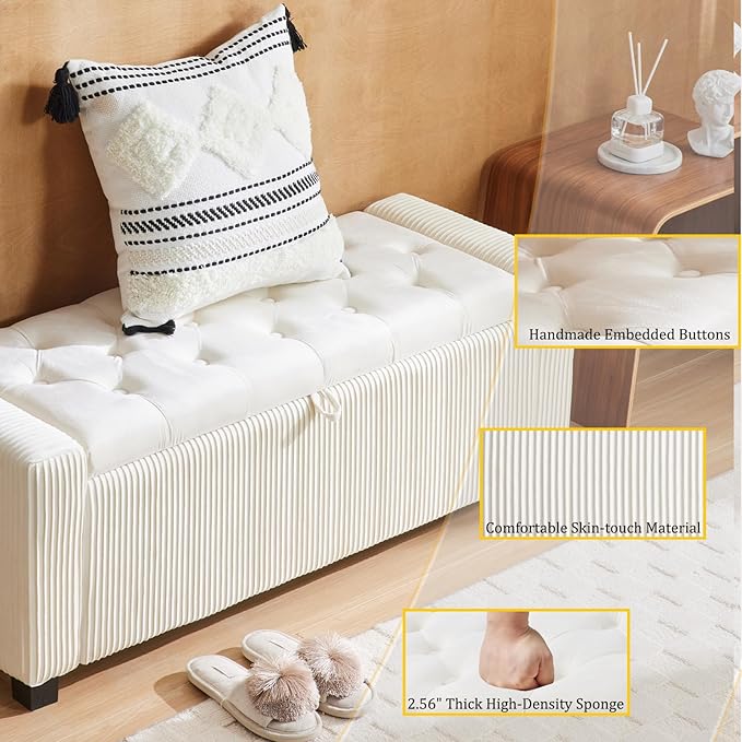 Storage Ottoman Bench, Bench for Bedroom End of Bed, Ottoman with Storage for Living Room and Entryway (Velvet White)