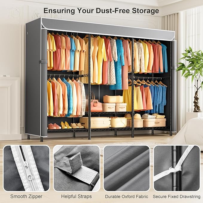 SEMHOR K01C Heavy Duty Clothes Rack with Grey Cover, Freestanding Portable Closet System with Shelves, Adjustable Carbon Steel Garment Rack, Black Clothing Racks for Hanging Clothes, 860LBS Max Load