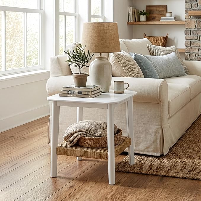 Alaterre Furniture Calais 2-Tier Small End Table with Woven Storage Shelf – Mid Century Modern Wooden Nightstand or Side Table for Small Spaces, Living Room & Bedroom (White)