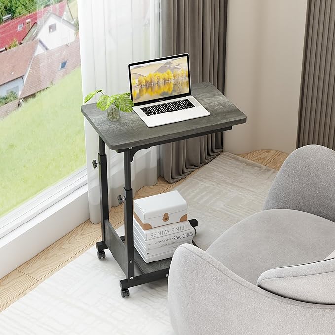 TigerDad Adjustable Height C Table Sofa Side Bedside Table with Wheels, Hospital Bed Table Rolling Tray with Storage, Mobile Computer Desk Laptop Table for Home Use,Gray