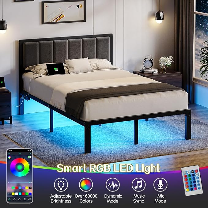 OLEVS Full Bed Frame with Headboard Metal Platform Bed Full Size with USB Charging Station and LED Lights, No Box Spring Needed