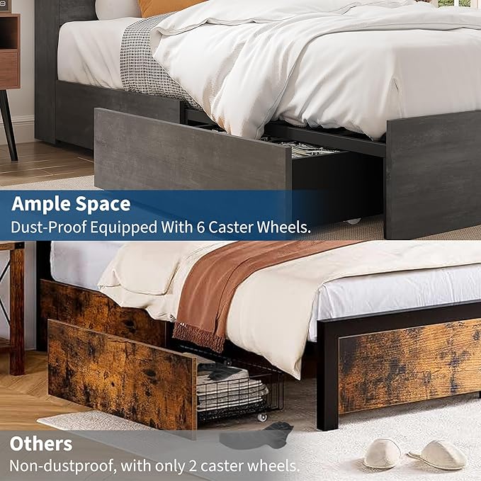 IDEALHOUSE Full Bed Frame with Storage Headboard, Wooden Bed Frame with Charging Station, Storage Bookcase & Full Size Platform Bed with 4 Drawers, No Box Spring Needed, Noise-Free, Ink