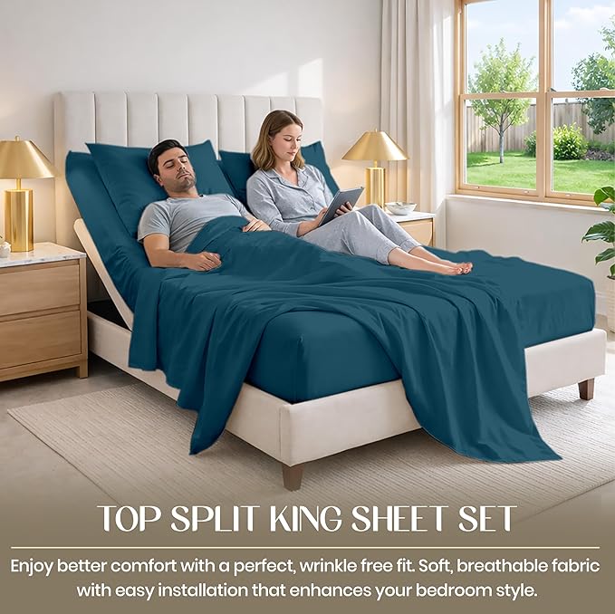 SGI bedding 36" King Split Top Flex Head Sheet Set – 1000 Thread Count, 100% Egyptian Cotton, 4-Piece Adjustable Bed Set, 15" Deep Pocket – Teal