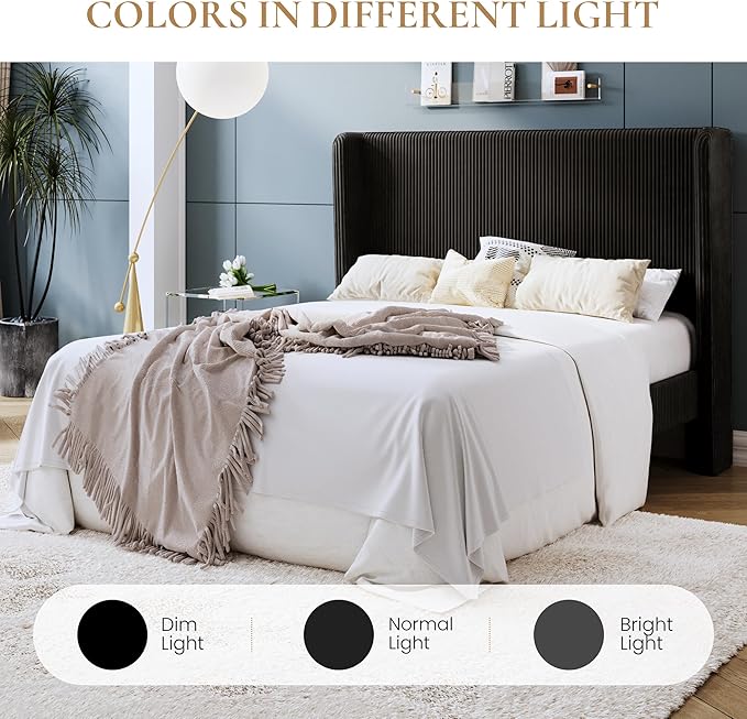 SHA CERLIN Queen Size Corduroy Upholstered Platform Bed Frame with Vertical Channel Tufted Wingback Headboard, 8" Under Bed Storage, Wooden Slats & Metal Frame Support, Easy Assembly, Black
