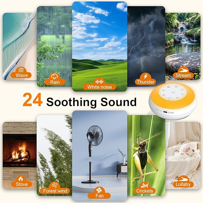 Portable White Noise Sound Machine for Baby, Kids, Adults Sleep - 24 Soothing Natural Sounds, 7 Color Night Light, Portable Wireless Bluetooth Pillow Speaker for Home, Travel, Nursery, Office