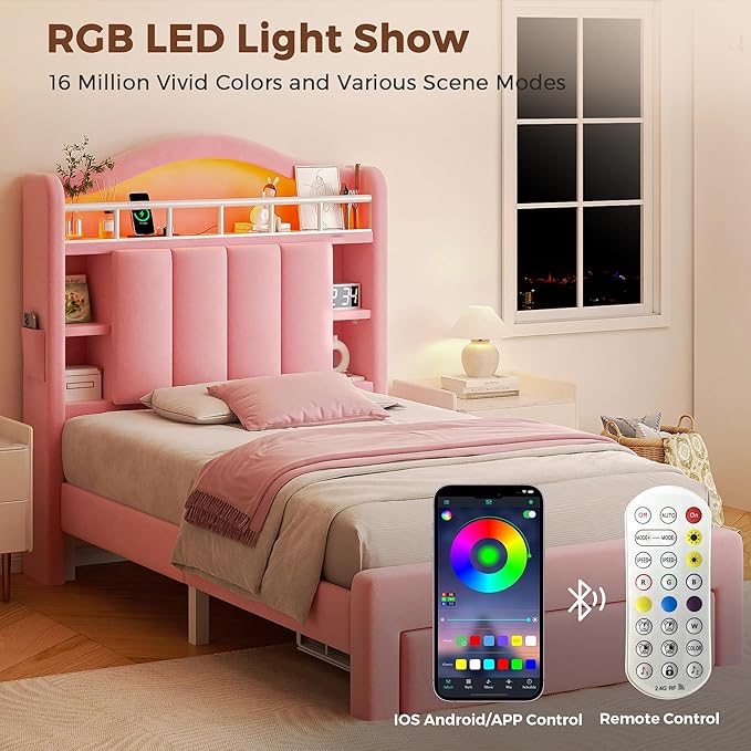 Twin LED Bed Frame with Storage Headboard & 2 Storage Drawers, Princess Velvet Upholstered Bed with Vertical Tufted Headboard Design for Girls, USB & Type-C Charging Ports, Wooden Slats Support, Pink