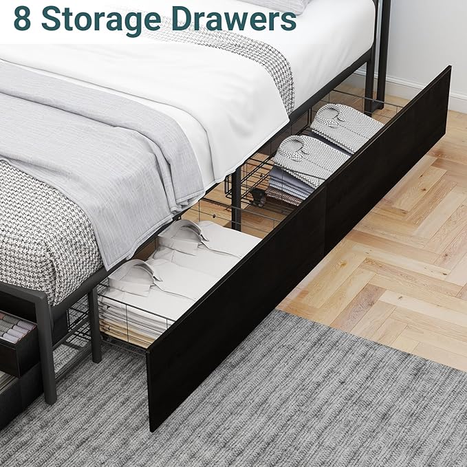 Zevemomo Queen Bed Frame with 8 Storage Drawers, Queen Metal Bed Frame with LED Light and Charging Station, Heavy Duty Metal Slats, No Box Spring Needed, Black