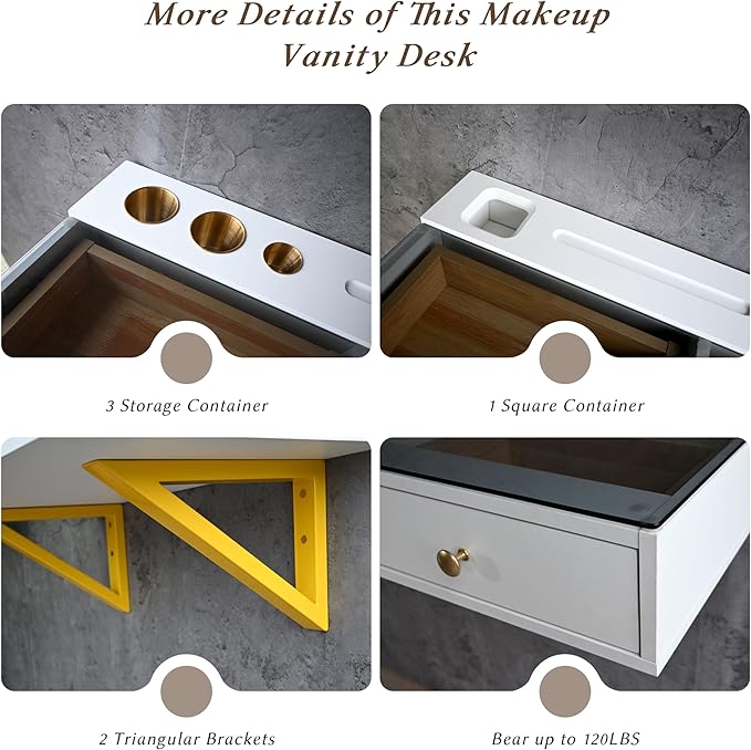 IEO 31.5" Floating Makeup Vanity Table Wall-Mounted Dressing Table with 2 Drawers Floating Desk Glass Top Wall for Small Space Bedroom,Warm White