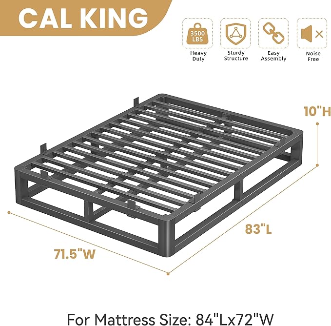 10 Inch California King Bed Frames with Rounded Corner and Squeak Free U-Slot Design, Metal Platform Bed Frames 6 Non-Slip Guards, 3500lbs Heavy Duty Steel Slat Support, No Box Spring Needed