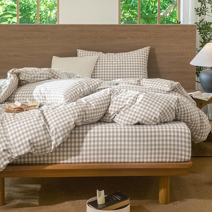 MooMee Gingham Duvet Cover Set 100% Washed Cotton Linen Like Textured Breathable Durable Soft Comfy Modern Checkered Design (Tannish Linen Grey Gingham, Oversized Queen 98"x98")