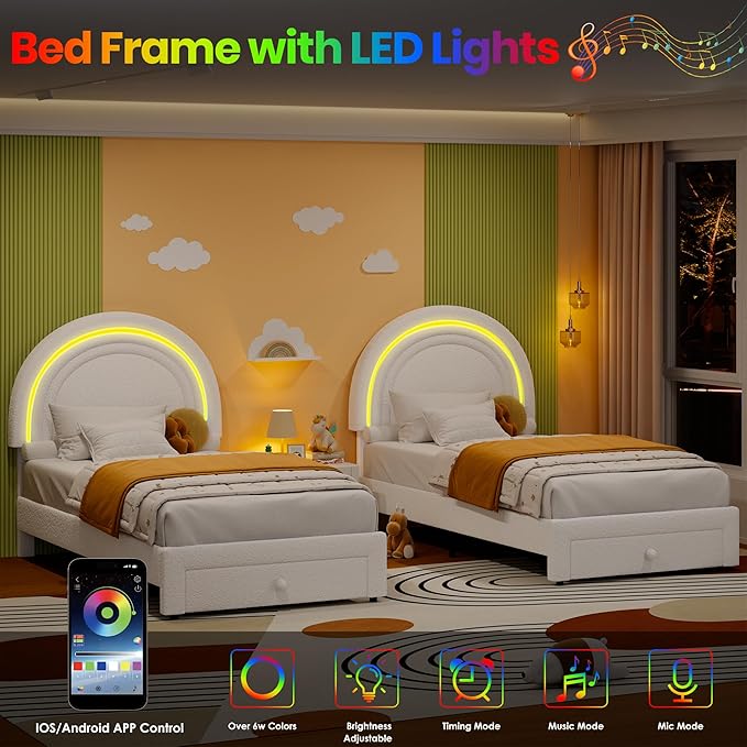 GarveeHome Twin Upholstered LED Bed Frame - with Storage Drawer and Rainbow Headboard, Berber Fleece Princess Platform Bed for Kids, Solid Wood Slat Support, No Box Spring Needed, Easy Assembly, White