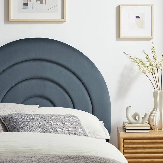 Modway Solana Soft Arch Shaped Round Twin Headboard in Cadet Blue – Upholstered Headboard – Stain-Resistant Performance Velvet Headboard for Twin Beds