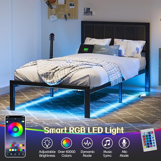 OLEVS Twin Bed Frame with Headboard Metal Platform Bed Twin Size with USB Charging Station and LED Lights, No Box Spring Needed
