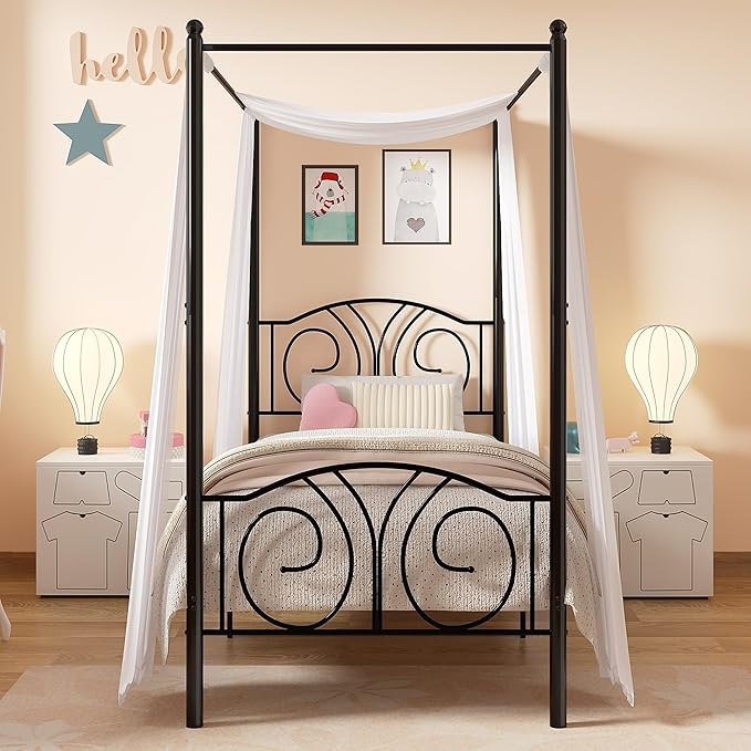 VECELO Metal Canopy Bed Frame Twin Size, 4 Posters Platform Mattress Foundation with Headboard, Heavy Duty Steel Slats Support, No Box Spring Needed, Matte Black