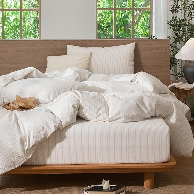 MooMee Striped Duvet Cover Set 100% Washed Cotton Linen Like Textured Breathable Durable Soft Comfy (White Almond Milk Grey Wide Stripes, Oversized Queen 98"x98")