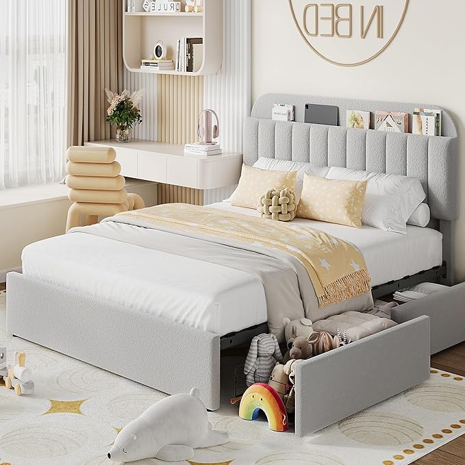 IDEALHOUSE Queen Bed Frame with 2 Flexible Drawers and Bookcase Headboard, Boucle Upholstered Platform Bed for Boys/Girls, Noise-Free, Easy Assembly, No Box Spring Needed, Gray