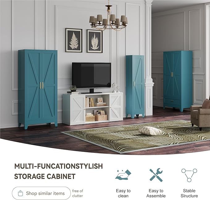 Baborokic Metal Armoire Wardrobe Closet with Hanging Rod,71H Metal Cabinet with Doors and Shelves,Bedroom Armoire Closet Organizers,Storage Cabinets for Bedroom,Office,Laundry Room(Blue)