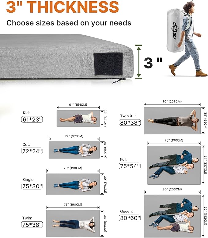GAIALOOP 3 Inch Memory Foam Camping Mattress, Dual Layer Thick Sleeping Camp Pad for Car Tent Cot, Roll-Up Portable Glamping Floor Bed for Guests Sleepover