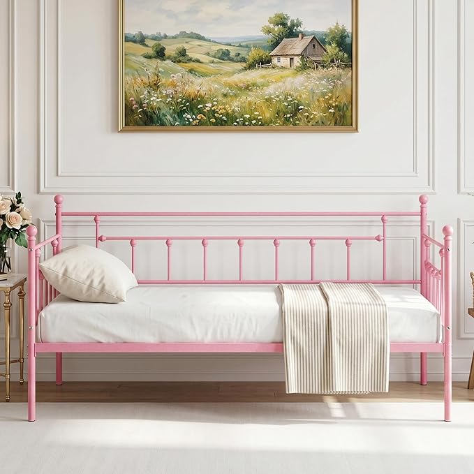 VECELO Daybed Frame, Twin Size Metal Platform Bed with Headboard,Heavy Duty Steel Slats Support for Living Room Bedroom Guest Room, Easy Assembly