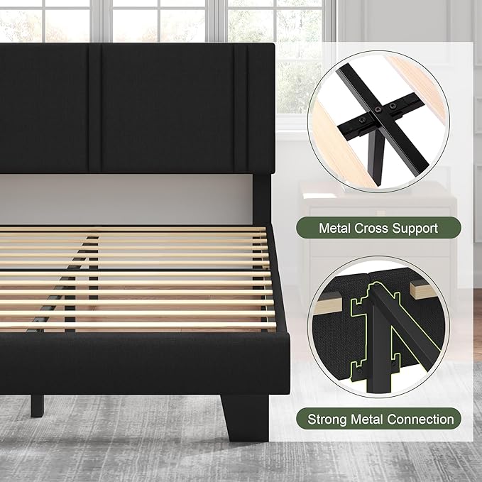 Feonase Full Size Platform Bed Frame, Fabric Upholstered Full Bed Frame, Solid Wood Slats & Heavy Duty Feet Support, No Box Spring Needed, Noise-Free, Easy Assembly, Black