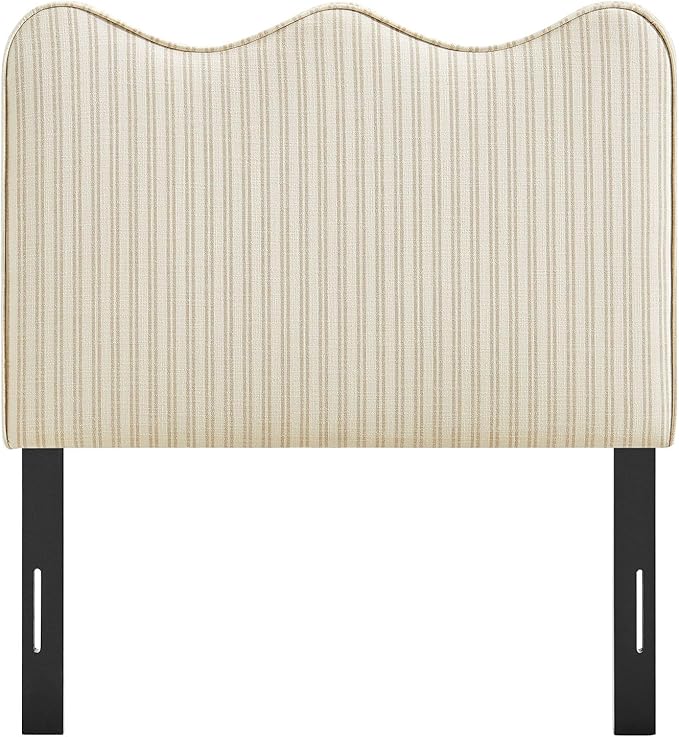Monday Athena Striped Fabric Upholstered Twin Size Adjustable Headboard in Oatmeal Stripe - with Scalloped Wave Design and Soft Linen-Like Fabric