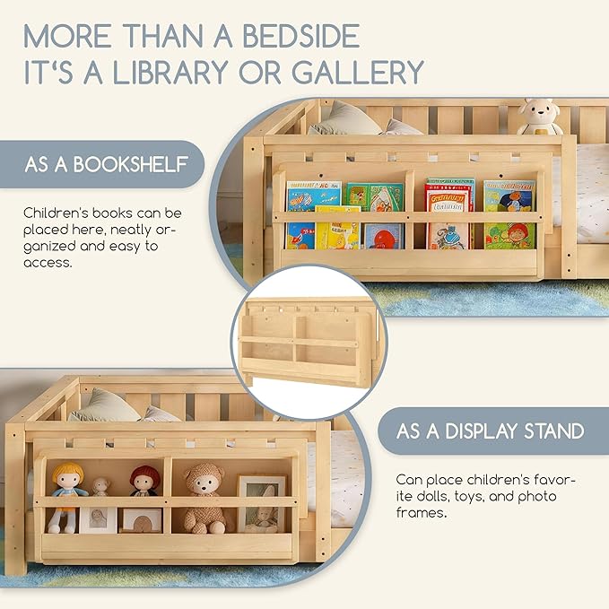 Bellemave Queen Floor Bed Frame with Fence & Bookshelf, Solid Wood Montessori Floor Bed Frame Queen with Slats Load 550LBS, Low Floor Bed for Kids, Bedroom, Nursery, Easy Assembly, Natural