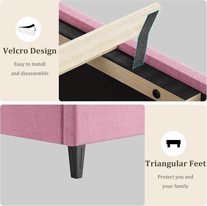 GarveeHome Pink King Bed Frame with Upholstered Headboard, Heavy-Duty Platform Bed Frame with Strong Wood Slats, No Box Spring Needed/Noise Free/Easy Assembly