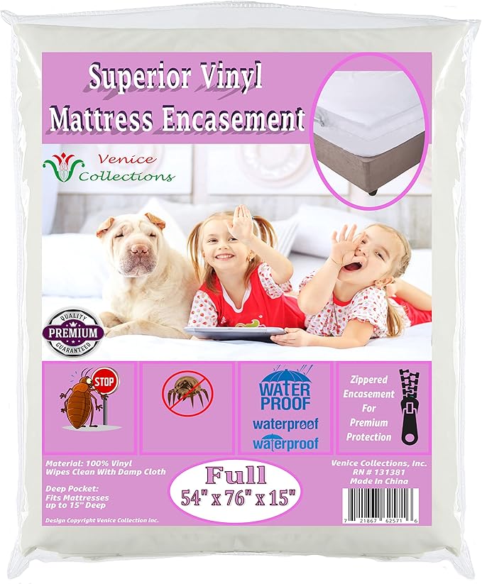 Superior Extra Heavy 8 Gauge Vinyl Mattress Protector Zippered Encasement Cover 100% Waterproof Full White