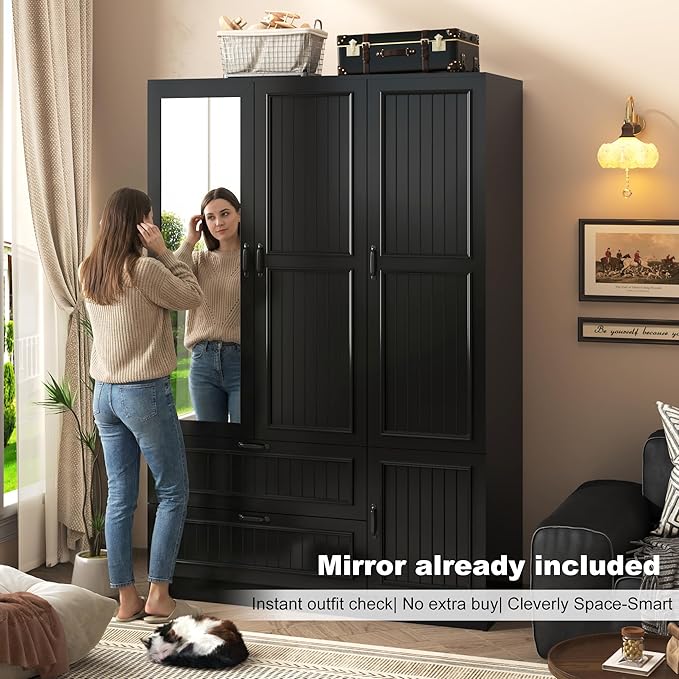 Squireewo Vertical Grooved Style 3 Doors Wardrobe Closet Armoire with Mirrors and LED Lights, 70.3" H Modern Wooden Bedroom Armoires with 2 Drawers, Large Capacity Freestanding Armoire, Black