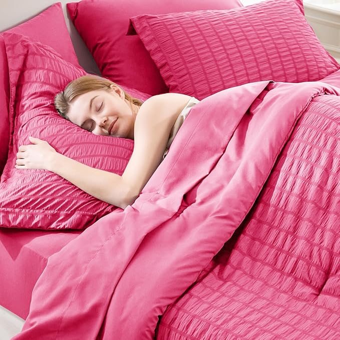 CozyLux Full Size Comforter Sets with Sheets 7 Pieces, Hot Pink Seersucker Bed in a Bag Textured Luxury Soft Bedding Set with Down Alternative Comforter, Sheets, Pillowcases & Shams for All Season