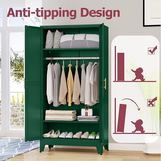 GAIOUS Metal Wardrobe Cabinet with Hanging Rod, 71" Metal Clothing Storage Cabinets with 2 Doors and Adjustable Shelves, Green Armoire Wardrobe Closet for Bedroom, Laundry Room, Cloak Room