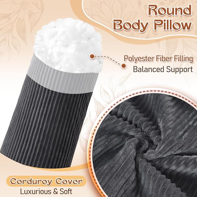 1 MIDDLE ONE Body Pillow for Adults, Long Bolster Pillow for Bed, Decorative Round Roll Hug Pillow with Corduroy Cover(Black, 35x7.87 Inch)