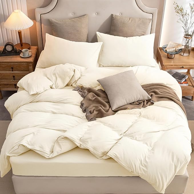 PURE ERA Jersey Knit Duvet Cover Set 100% T-Shirt Cotton Super Soft Comfy 3pc Bedding Set with Zipper Closure (Solid Creamy White, Queen)