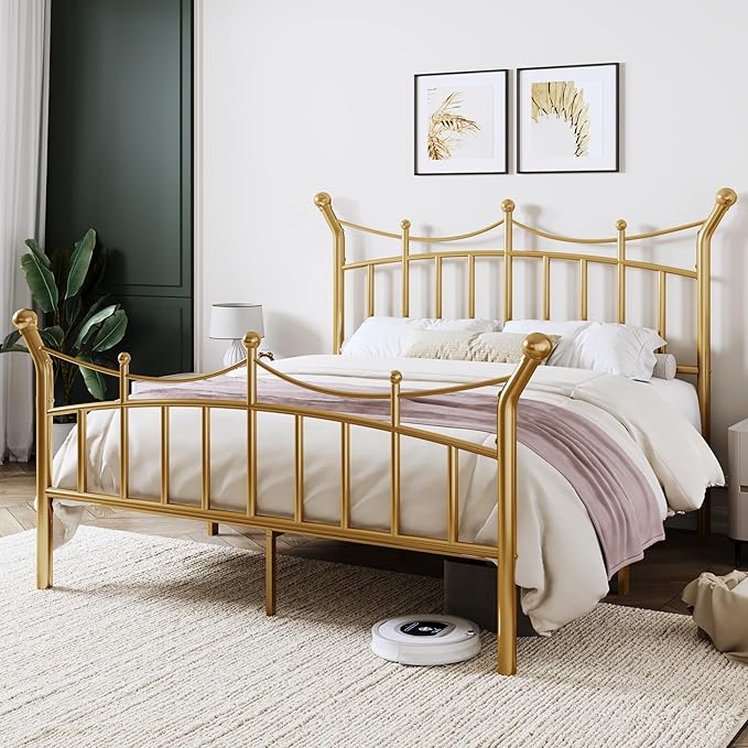 Allewie 14 Inches Full Size Metal Platform Bed Frame with Elegant Crown Iron-Art Headboard & Footboard, Sturdy Mattress Foundation with Under-Bed Storage, Easy Assembly, No Box Spring Needed, Gold