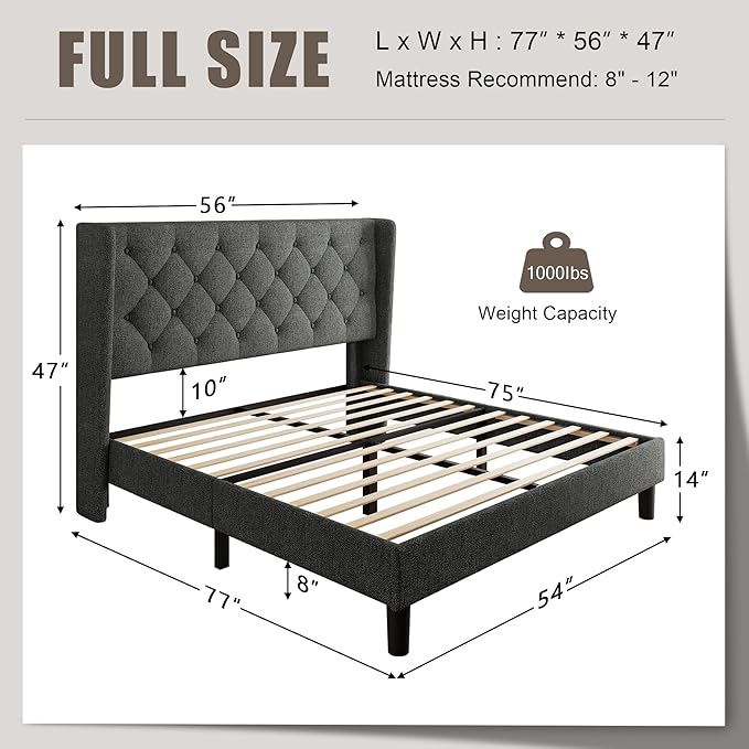 Einhomn Full Size Platform Bed Frame with Fabric Upholstered Wingback Headboard, 8" Under Bed Space, Wooden & Metal Slats Support, No Box Spring Needed, Dark Gray