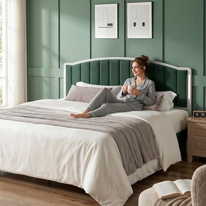 Headboard for Queen Size Bed with LED Lights, Upholstered Vertical Channel Tufting Head Boards, Velvet Headboard Only, Attach Frame, Ideal for Bedroom, Dorm, Guest Room, Green