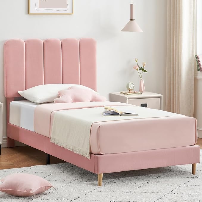 GarveeHome Twin Bed Frame, Upholstered Platform Bed with Wave Headboard for Girls/Kids, Easy Assembly, Wooden Slats Support, No Box Spring Needed, Velvet Pink