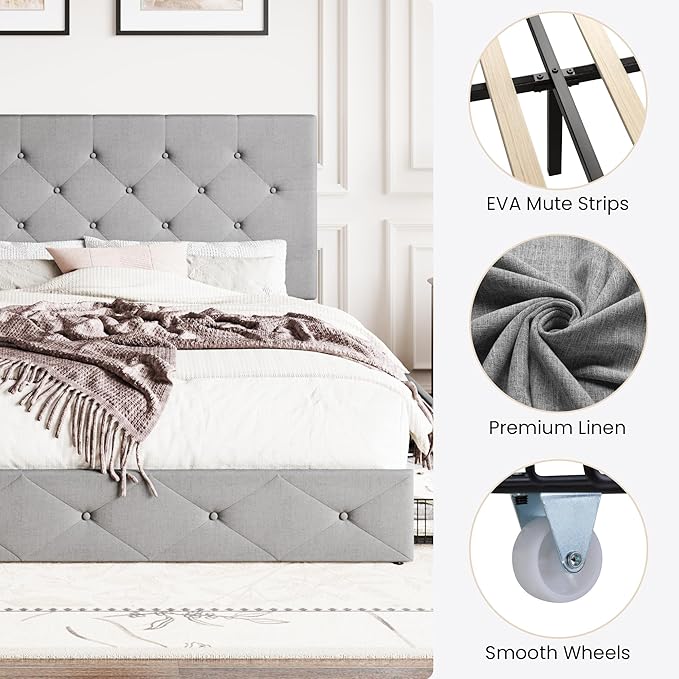 SHA CERLIN Upholstered Queen Size Platform Bed Frame with 4 Storage Drawers, Adjustable Headboard with Diamond Stitched Button Tufted Design, Wooden Slat Support, No Box Spring Needed, Light Grey