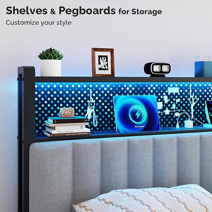 VINGLI King Size Headboard Only, Adjustable Upholstered Headboard with 2 Tier Shelves and Pegboard with Charging Stations and LED Lights, Modern Bed Headboard with Storage for Bedroom Decor