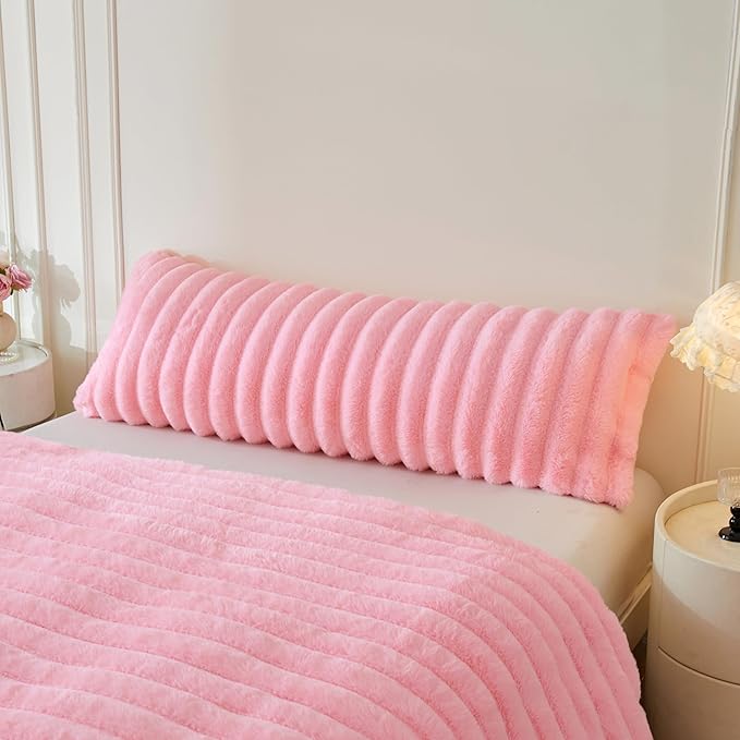MEGO Fluffy Faux Rabbit Fur Body Pillow Cover, Soft Plush Fuzzy Wide Striped 20x54 Body Pillowcase with Zipper, Home Decorative Shaggy Furry Ribbed Long Pillow Cover for Bed Couch Sofa Bedroom, Pink